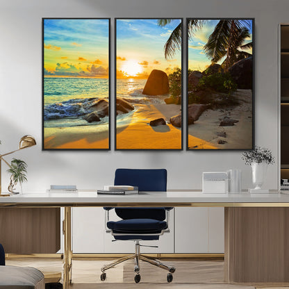 26181-MGV-CV-36X24-Golden Tropical Sunset Beach Wall Art – Ocean Canvas Print with Palm Trees and Rocks, Coastal Paradise Decor for Living Room or