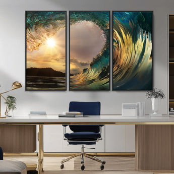 38256-MGV-CV-36X24-Ocean Wave Wall Art – Stunning Sunrise Through Curling Wave Canvas Print, Coastal Surf Photography Seascape Decor for Living Room,
