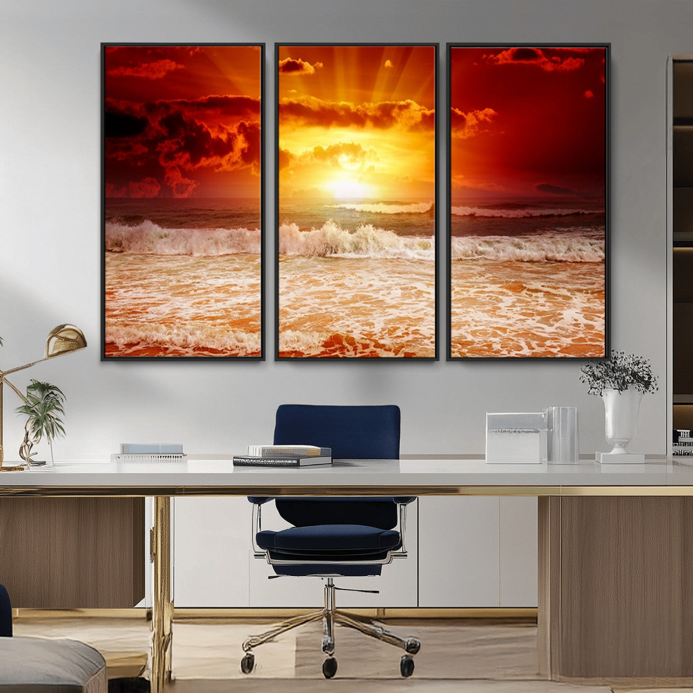 60211-MGV-CV-36X24-Fiery Sunset Ocean Waves Canvas Print – Vibrant Red & Orange Coastal Wall Art, Dramatic Seascape Decor