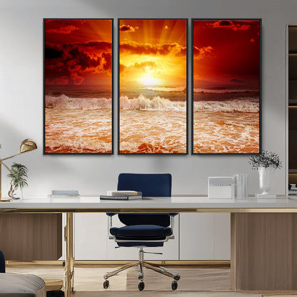60211-MGV-CV-36X24-Fiery Sunset Ocean Wall Art – Red Sky Seascape Canvas Print with Waves, Bold Coastal Sunset Decor for Living Room or Bedroom