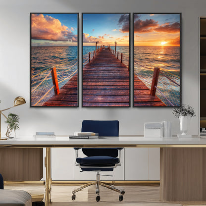 28836-MGV-CV-36X24-Ocean Pier Sunset Wall Art – Wooden Dock and Golden Horizon Canvas Print, Coastal Seascape Photography for Living Room, Bedroom,