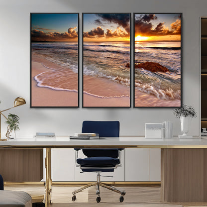 80979-MGV-CV-36X24-Golden Sunrise Beach Wall Art – Ocean Waves and Sandy Shore Canvas Print, Coastal Sunset Photography Artwork for Living Room,
