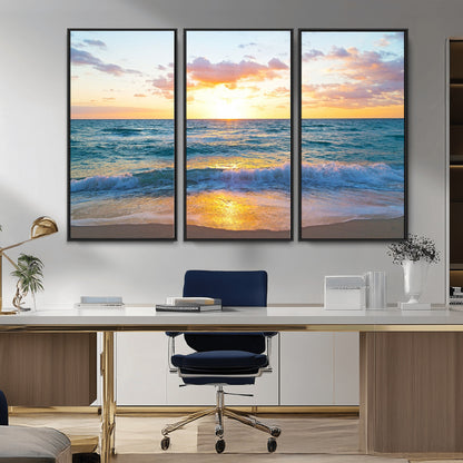 78006-MGV-CV-36X24-Golden Sunrise Ocean Wall Art – Panoramic Beach Waves Canvas Print, Coastal Seascape Artwork for Living Room, Bedroom, Office, or