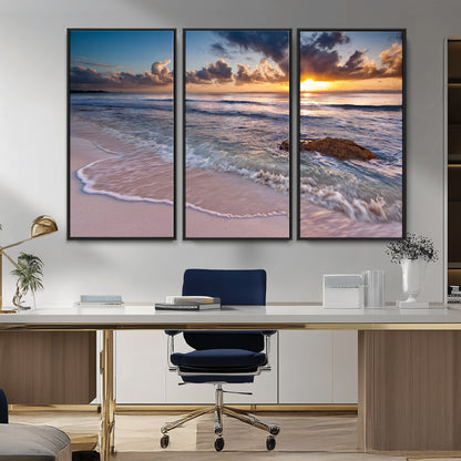 94906-MGV-CV-36X24-Sunrise Beach Wall Art – Panoramic Ocean Waves Canvas Print, Coastal Sunset Seascape Artwork for Living Room, Bedroom, or Office