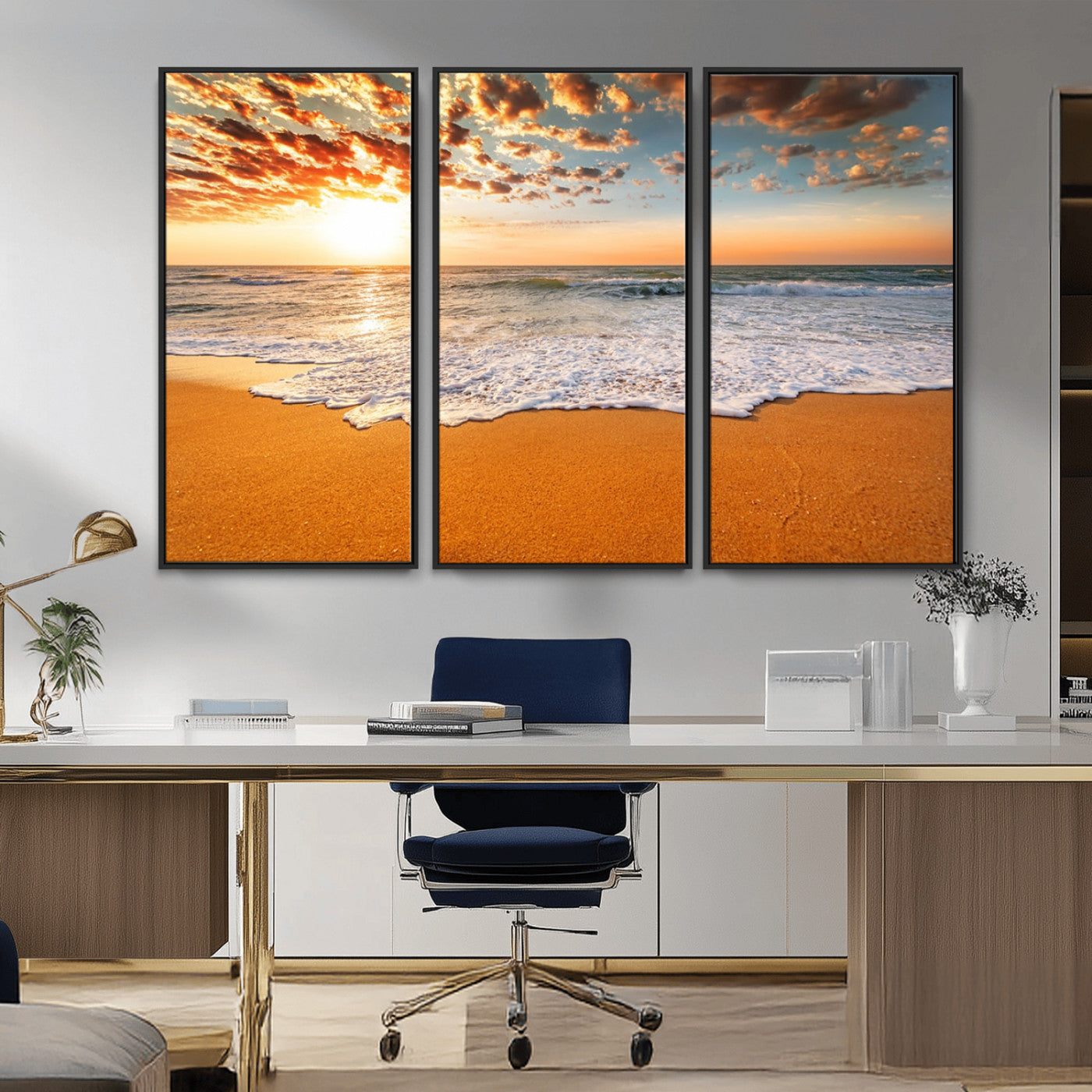 15399-MGV-CV-36X24-Golden Sunrise Beach Wall Art – Ocean Waves on Sandy Shore Canvas Print, Coastal Seascape Decor for Living Room or Bedroom