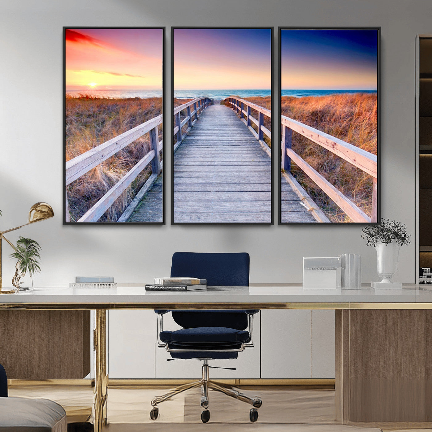 60625-MGV-CV-36X24-Beach Boardwalk Sunrise Wall Art – Coastal Pathway to Ocean Canvas Print, Seaside Landscape Decor for Home or Office