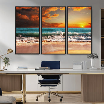 72948-MGV-CV-36X24-Ocean Sunset Wave Wall Art – Dramatic Seascape Canvas Print with Golden Sky and Crashing Waves, Coastal Beach Decor for Living