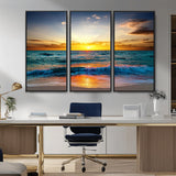 50627-MGV-CV-36X24-Ocean Sunset Wall Art – Serene Beach Canvas Print with Waves and Golden Sky, Coastal Decor for Living Room or Office