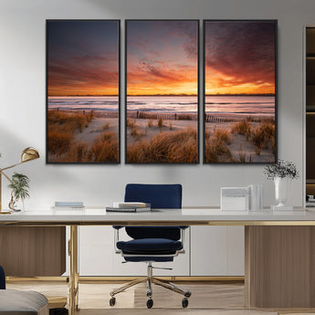 90176-MGV-CV-36X24-Beach Sunset Wall Art – Coastal Sand Dune Canvas Print with Ocean Waves and Dramatic Sky, Seaside Landscape Decor for Living Room