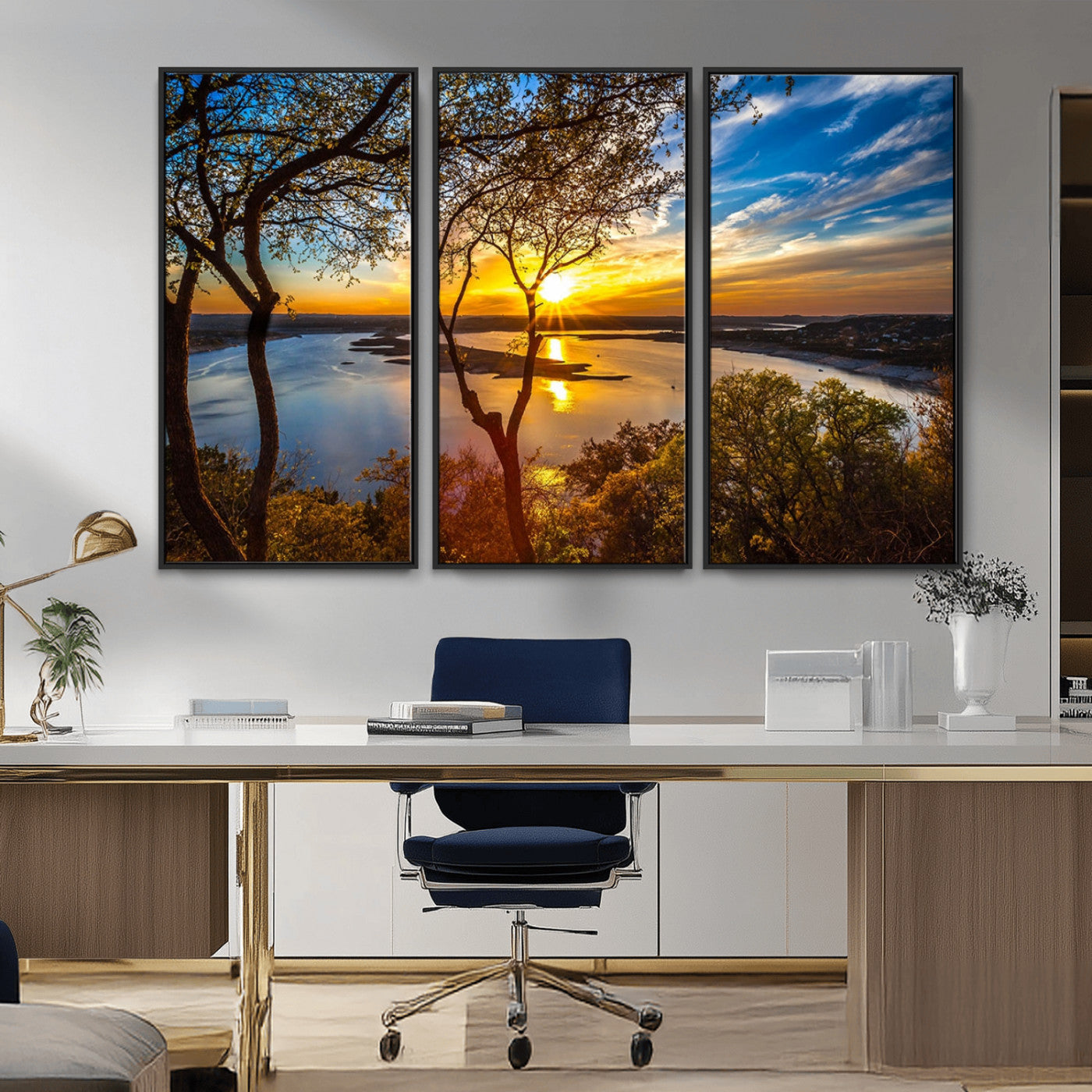 66839-MGV-CV-36X24-Lake Sunset Wall Art – Golden Hour Canvas Print with Trees and Water Reflection, Scenic Landscape Photography for Living Room,