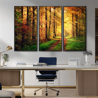 73494-MGV-CV-36X24-Golden Autumn Forest Path Wall Art – Sunlit Woodland Canvas Print, Fall Nature Landscape Home Decor