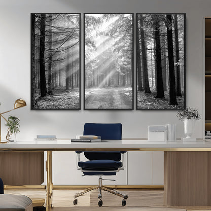 39665-MGV-CV-36X24-Black and White Forest Path Wall Art – Sunlight Rays in Trees Canvas Print, Nature Landscape Decor for Living Room