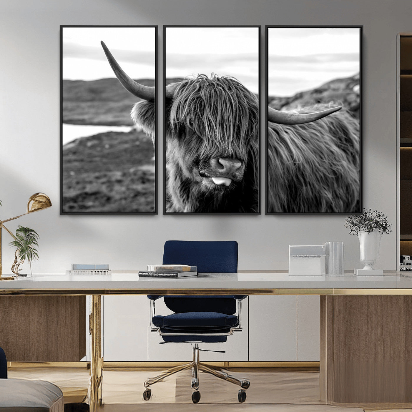 83810-MGV-CV-36X24-Highland Cow Wall Art – Black and White Highland Cattle Print, Rustic Farmhouse Animal Decor for Living Room