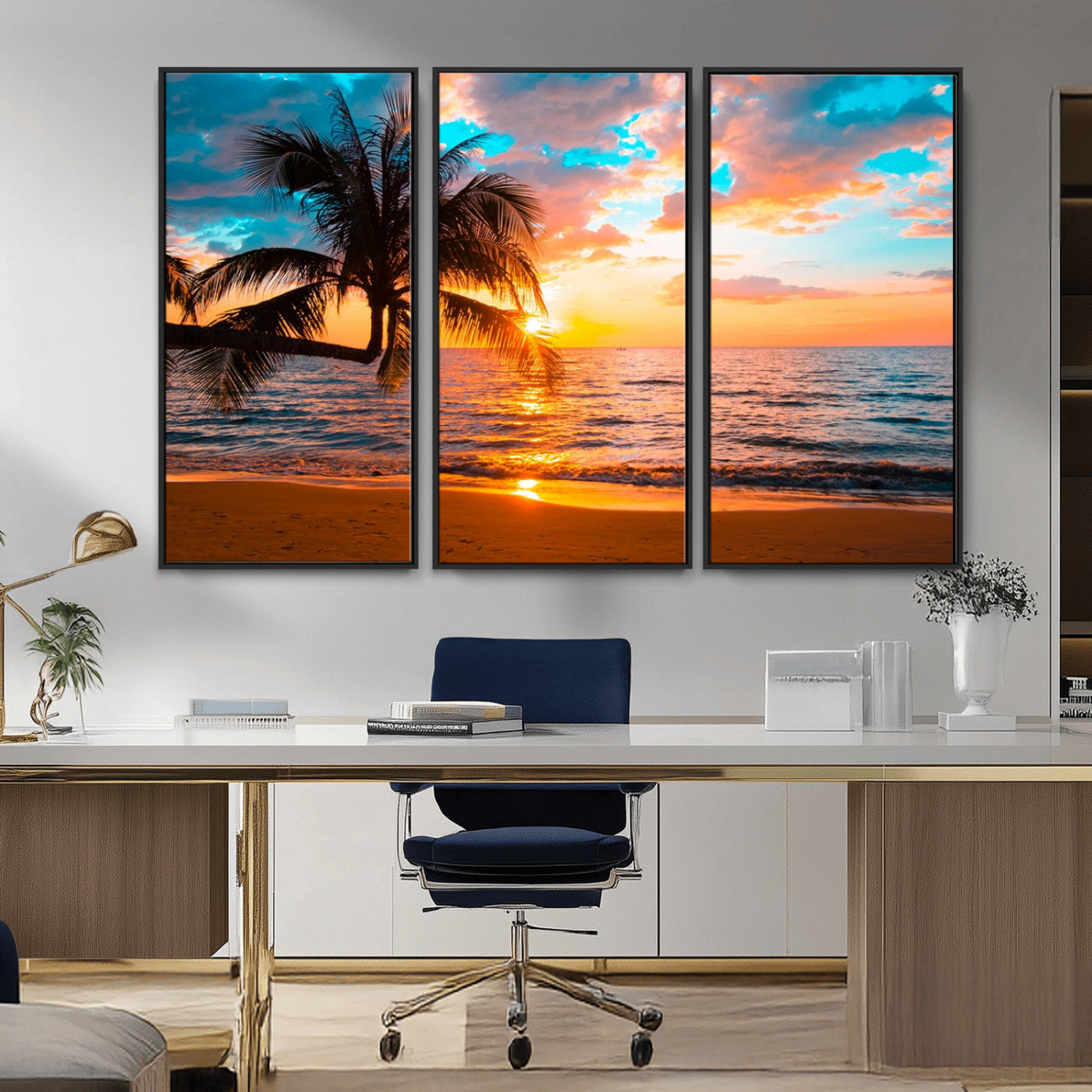 34674-MGV-CV-36X24-Tropical Sunset Beach Wall Art – Palm Tree Ocean Canvas Print, Coastal Seascape Decor for Living Room or Office Wall