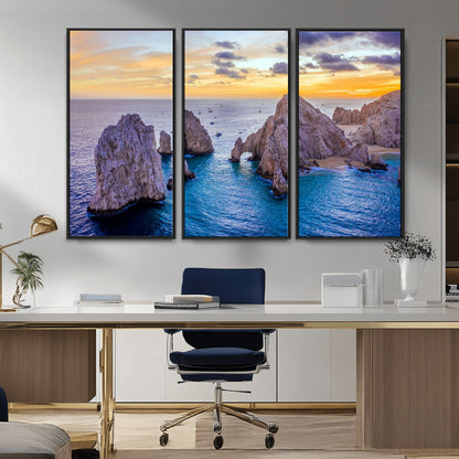 72955-MGV-CV-36X24-Ocean Rock Formation Wall Art – Sunset Coastal Seascape Print, Beach Landscape Decor for Living Room or Office