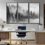 57235-MGV-CV-36X24-Misty Pine Forest Wall Art – Black and White Mountain Landscape Canvas Print, Nature Woodland Decor for Living Room, Bedroom or