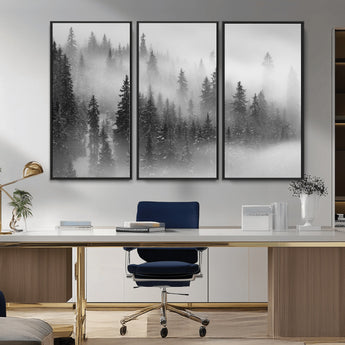 57235-MGV-CV-36X24-Misty Pine Forest Wall Art – Black and White Mountain Landscape Canvas Print, Nature Woodland Decor for Living Room, Bedroom or