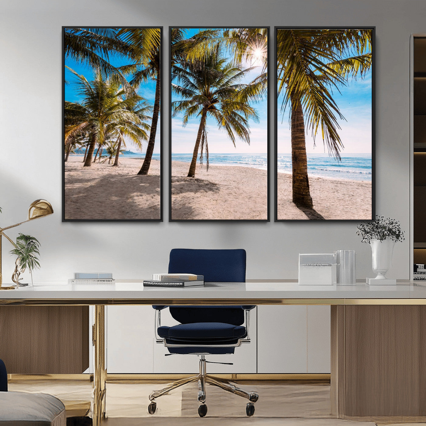 98175-MGV-FC-48X32-3P_Black-Tropical Palm Beach Wall Art – Relaxing Ocean Shore Canvas Print with Palm Trees, Coastal Summer Decor for Living Room, Bedroom or