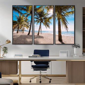 98175-MGV-FC-48X32-3P_Black-Tropical Palm Beach Wall Art – Relaxing Ocean Shore Canvas Print with Palm Trees, Coastal Summer Decor for Living Room, Bedroom or