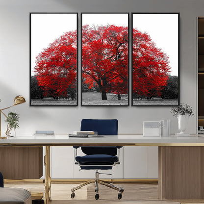 80021-MGV-CV-36X24-Red Tree Wall Art – Striking Black and White Landscape Canvas Print with Vibrant Red Leaves, Modern Nature Decor for Living Room