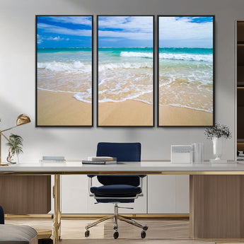 20660-MGV-CV-36X24-Ocean Wave Beach Wall Art – Serene Blue Sea and Sandy Shore Canvas Print, Coastal Landscape Photography Decor for Living Room or