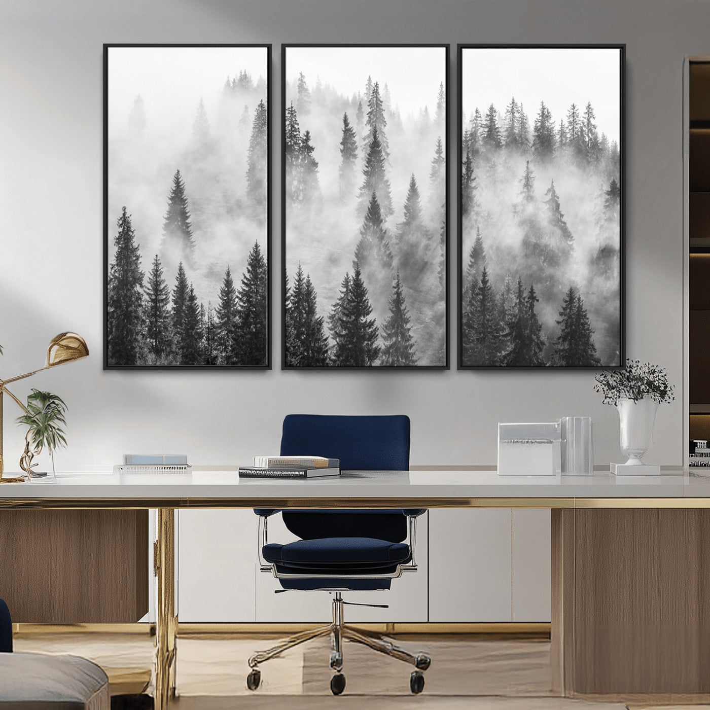10422-MGV-CV-36X24-Misty Pine Forest Wall Art – Black and White Foggy Landscape Canvas Print, Serene Nature Woodland Decor for Bedroom, Office or