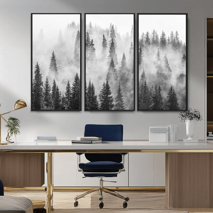 10422-MGV-CV-36X24-Misty Pine Forest Wall Art – Black and White Foggy Landscape Canvas Print, Serene Nature Woodland Decor for Bedroom, Office or