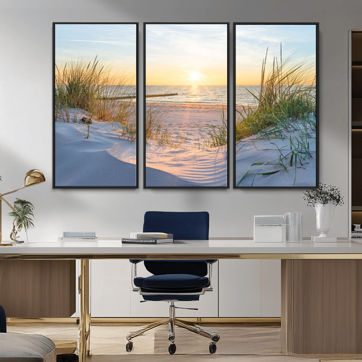 48907-MGV-CV-36X24-Beach Sunset Wall Art – Coastal Sand Dunes and Ocean View Canvas Print, Serene Seaside Landscape Painting for Living Room, Bedroom