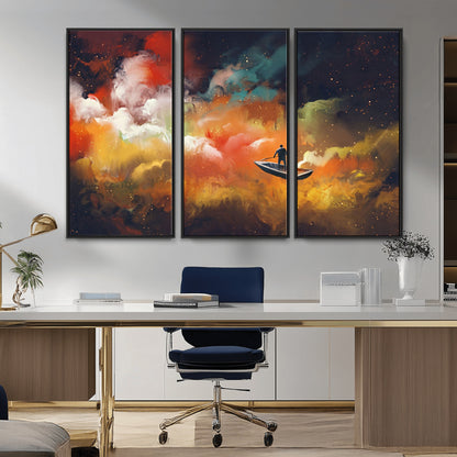 45085-MGV-CV-36X24-Surreal Cosmic Wall Art – Abstract Galaxy Dreamscape Canvas Print with Man and Dog in Boat, Fantasy Nebula Painting for Living