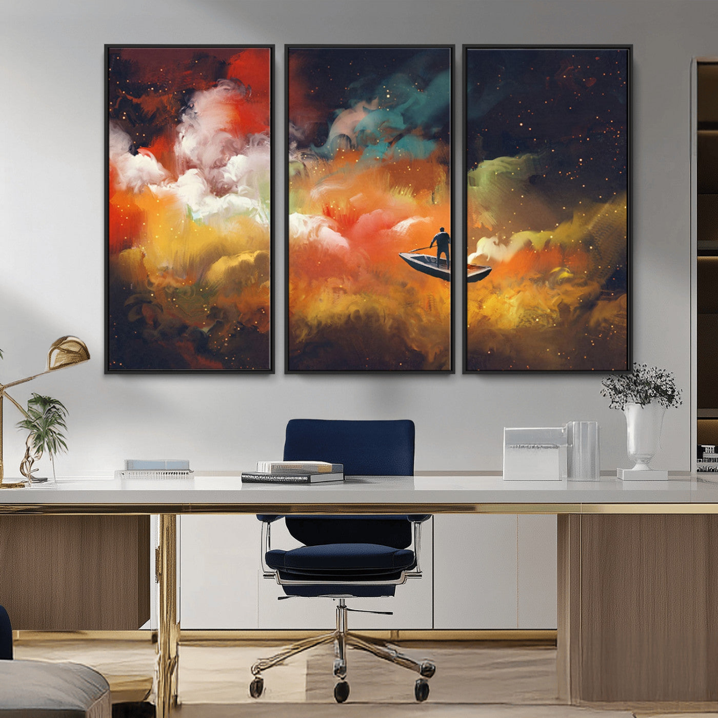45085-MGV-CV-36X24-Surreal Cosmic Wall Art – Abstract Galaxy Dreamscape Canvas Print with Man and Dog in Boat, Fantasy Nebula Painting for Living