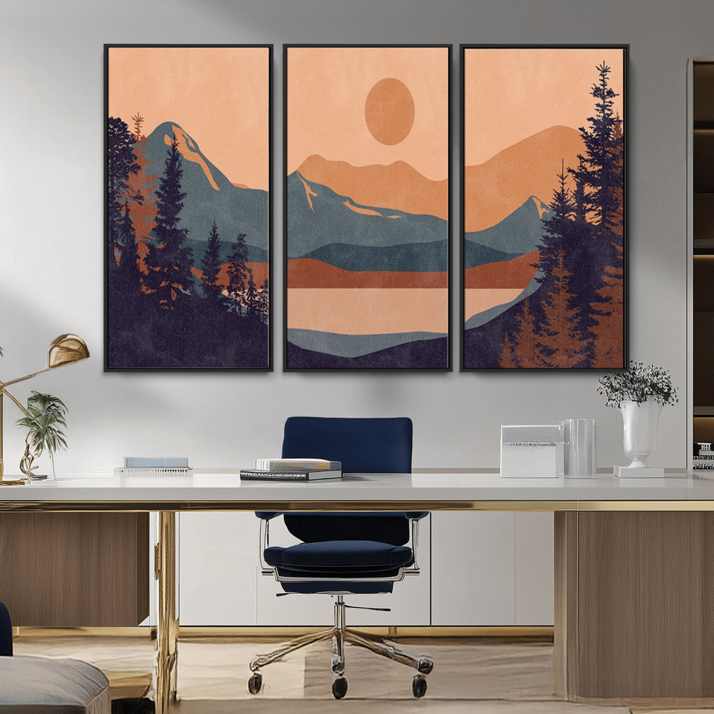 62795-MGV-CV-36X24-Minimalist Mountain Landscape Wall Art – Abstract Sunset Over Peaks and Pine Trees Canvas Print, Modern Nature Decor for Living