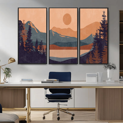 62795-MGV-CV-36X24-Minimalist Mountain Landscape Wall Art – Abstract Sunset Over Peaks and Pine Trees Canvas Print, Modern Nature Decor for Living
