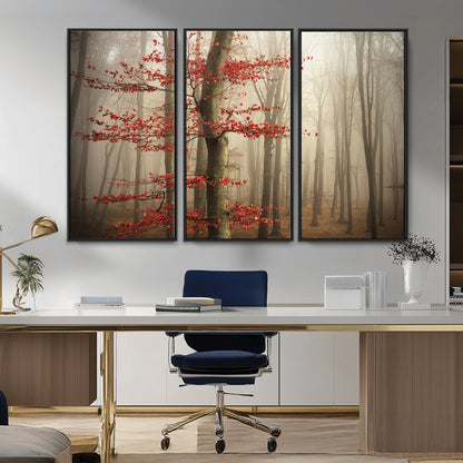 61855-MGV-CV-36X24-Misty Forest Wall Art – Red Tree with Autumn Leaves Canvas Print, Moody Woodland Nature Decor for Living Room, Bedroom, or Office