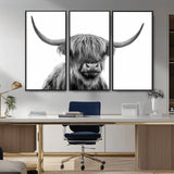 10123-MGV-CV-36X24-Black and White Highland Cow Wall Art – Modern Farmhouse Animal Print, Rustic Scottish Bull Canvas Decor for Living Room, Bedroom,