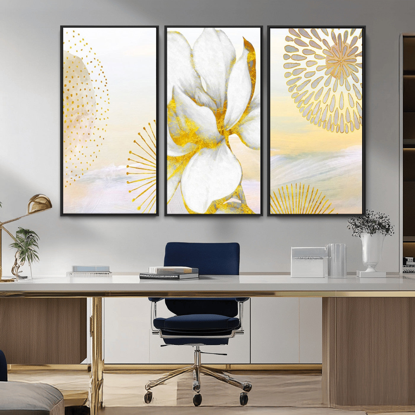 82301-MGV-CV-36X24-Modern Floral Wall Art – White Flower with Gold Detailing Canvas Print, Elegant Abstract Artwork for Living Room, Bedroom, or