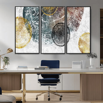 70653-MGV-CV-36X24-Abstract Tree Ring Wall Art – Modern Rustic Wood Slice Canvas Print with Gold Accents, Contemporary Nature Decor for Living Room,