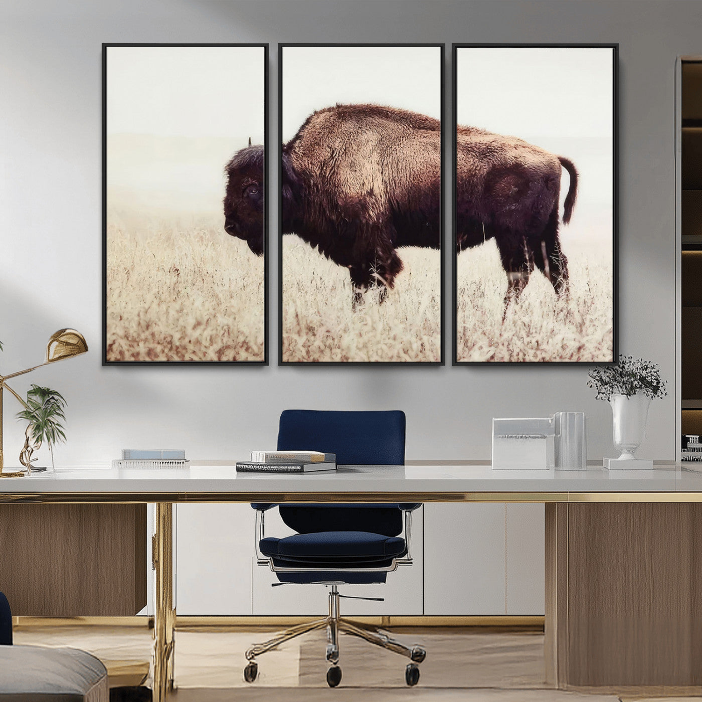 48406-MGV-CV-36X24-American Bison Wall Art – Rustic Buffalo Canvas Print in Prairie Field, Western Wildlife Photography Decor for Cabin, Lodge,