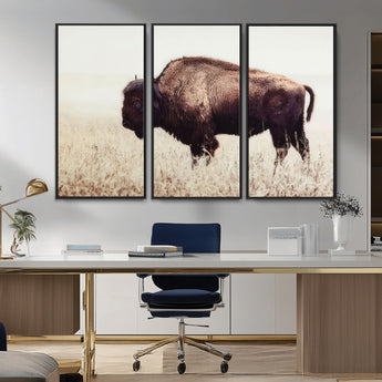 48406-MGV-CV-36X24-American Bison Wall Art – Rustic Buffalo Canvas Print in Prairie Field, Western Wildlife Photography Decor for Cabin, Lodge,