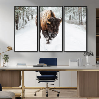 10109-MGV-CV-36X24-Majestic Bison Winter Wall Art – Snowy Forest Buffalo Canvas Print, Rustic Wildlife Photography Decor for Cabin, Lodge, Living