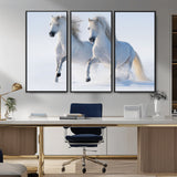 80145-MGV-CV-36X24-White Horses Running Snow Wall Art – Majestic Equine Canvas Print, Winter Nature Photography Decor for Living Room, Office,