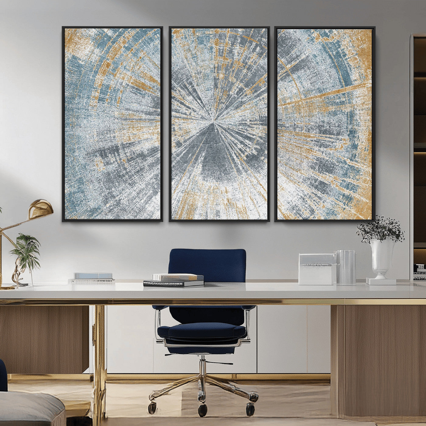 17631-MGV-CV-36X24-Radiant Burst Wall Art – Abstract Sunburst Canvas Print in Blue and Gold, Modern Geometric Painting for Living Room, Office or