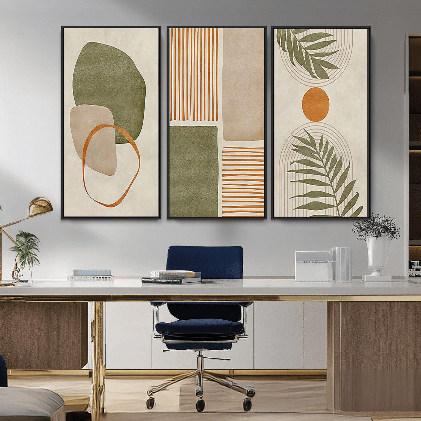 96002-MGV-CV-36X24-Abstract Geometric Wall Art – Modern Canvas Print with Green, Orange & Beige Shapes, Minimalist Home Decor for Living Room, Office