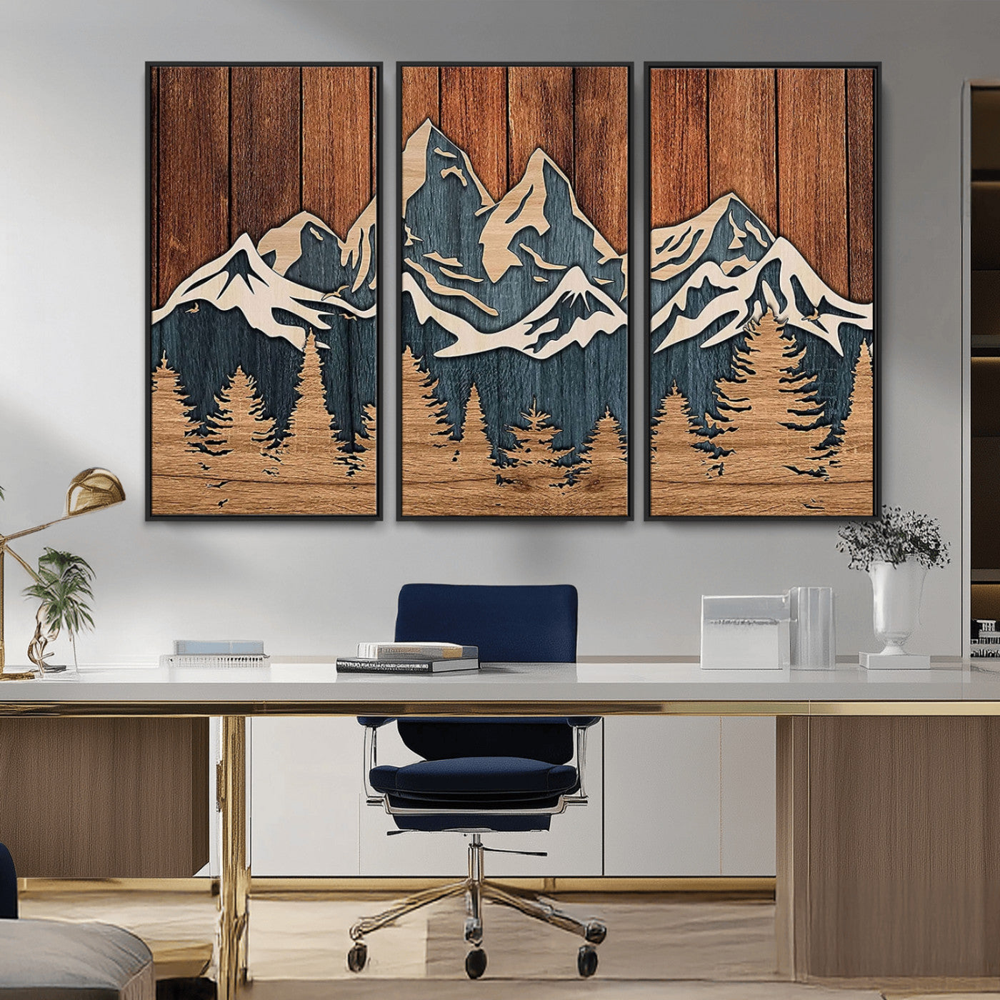41330-MGV-CV-36X24-Rustic Mountain Wall Art – Wooden Nature Scene with Trees and Peaks, Handmade 3D Layered Decor for Living Room, Cabin or Office