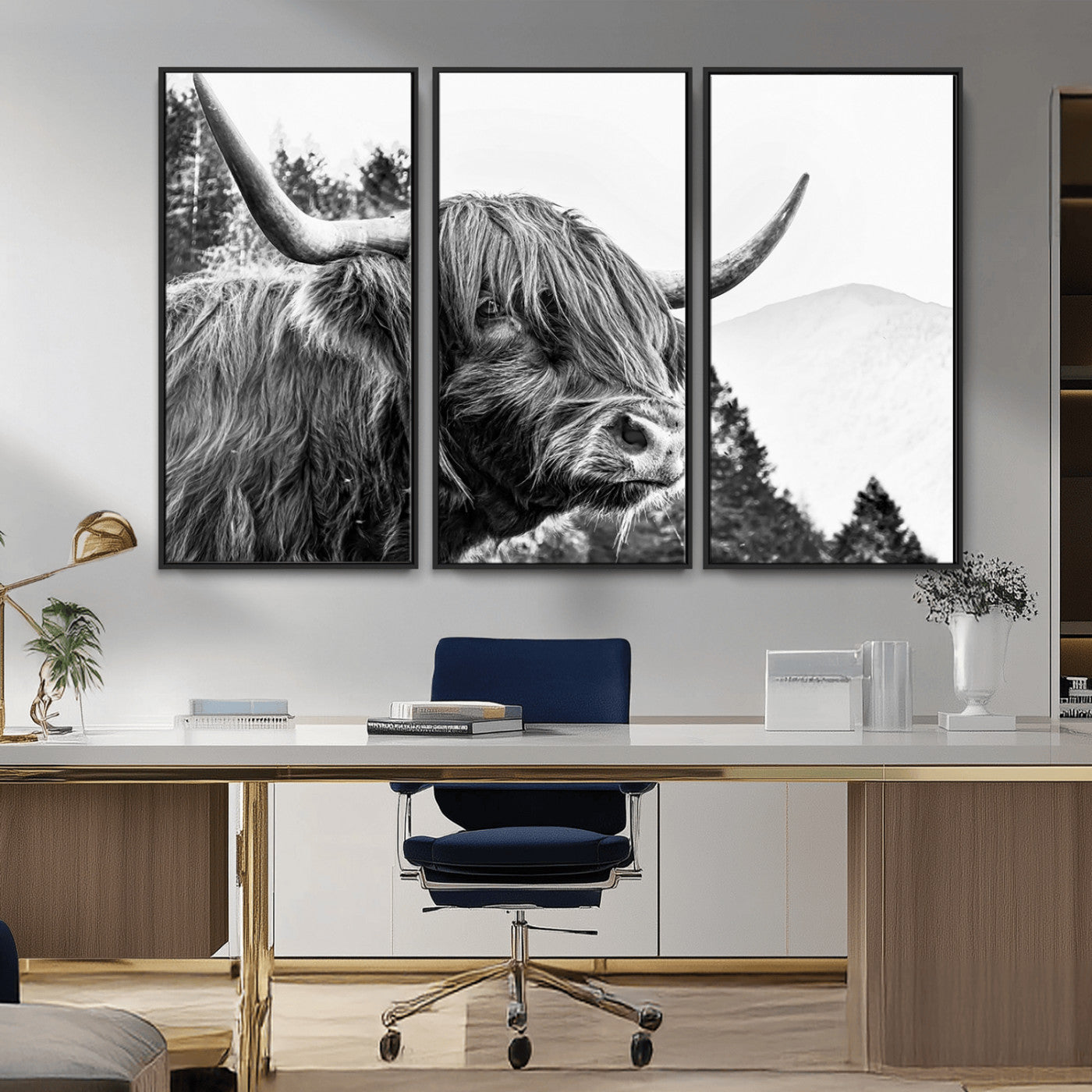 61570-MGV-CV-36X24-Highland Cow Wall Art – Black and White Scottish Bull Canvas Print, Rustic Farmhouse Animal Decor for Living Room, Bedroom, or
