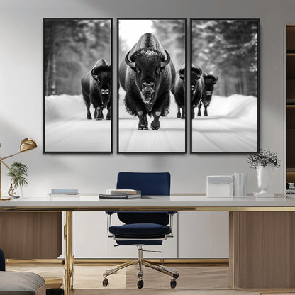 45287-MGV-CV-36X24-Bison Herd Wall Art – Black and White Buffalo Snow Road Canvas Print, Rustic Wildlife Decor for Cabin, Lodge or Living Room