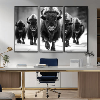 79872-MGV-CV-36X24-Bison Herd Wall Art – Black and White Buffalo on Snow Canvas Print, Rustic Wildlife Decor for Lodge, Cabin, or Living Room
