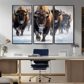 80512-MGV-CV-36X24-Bison Herd Wall Art – Buffalo Running in Snow Canvas Print, Rustic Wildlife Photography Decor for Cabin, Lodge, or Living Room