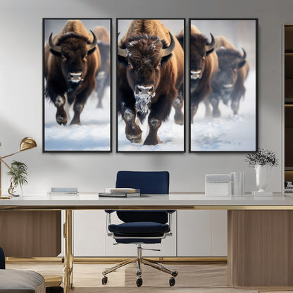 80512-MGV-CV-36X24-Bison Herd Wall Art – Buffalo Running in Snow Canvas Print, Rustic Wildlife Photography Decor for Cabin, Lodge, or Living Room