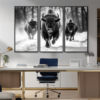 97552-MGV-CV-36X24-Black and White Bison Wall Art – Buffalo Herd Running in Snow Canvas Print, Rustic Wildlife Photography Decor for Cabin, Lodge, or