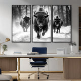 97552-MGV-CV-36X24-Black and White Bison Wall Art – Buffalo Herd Running in Snow Canvas Print, Rustic Wildlife Photography Decor for Cabin, Lodge, or